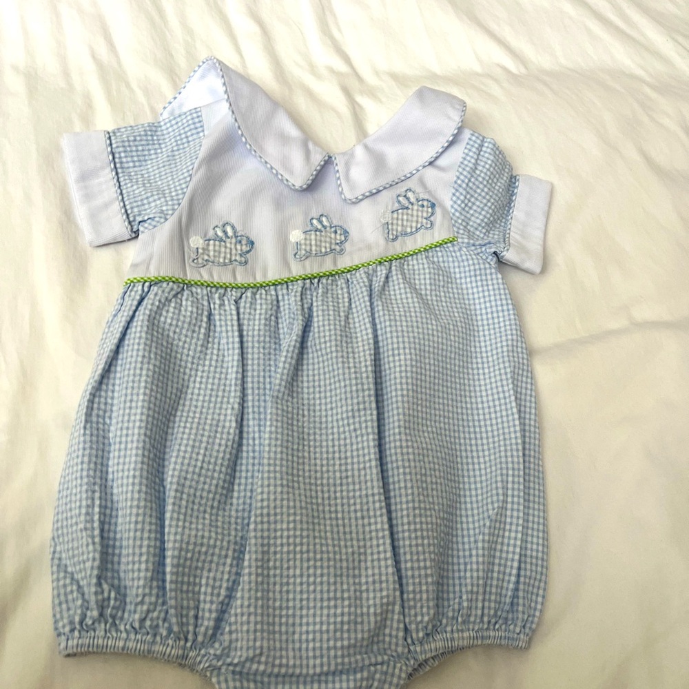 Little English Blue Gingham Baby Romper/bubble with Bunny Embroidery